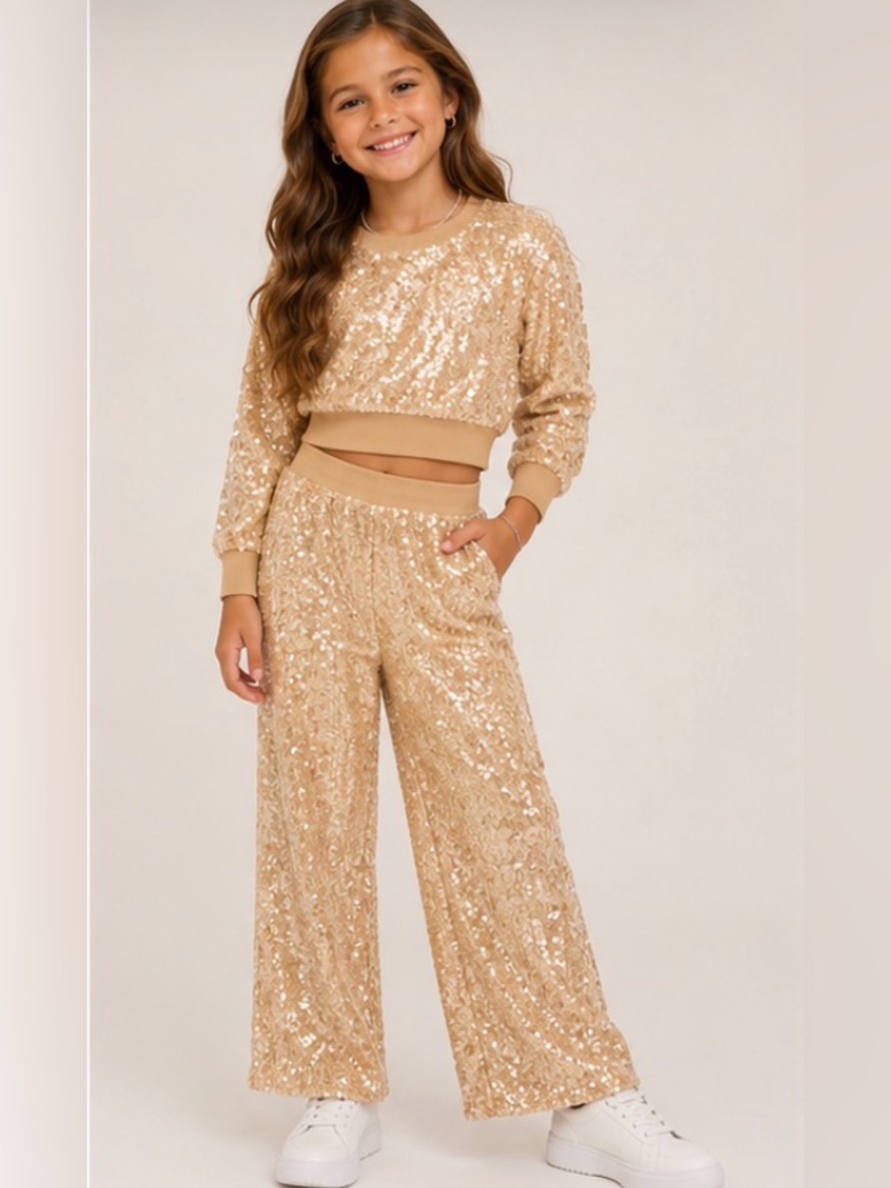 Habitual Girl Sequin-Embellished 2-pc Set Kids Sz 8 Crop Sweatshirt & Pants Tan